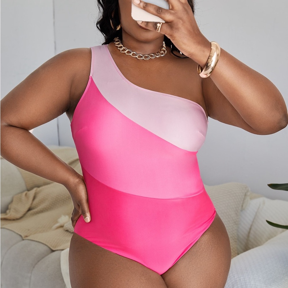 Plus Color Block One Shoulder One Piece Swimsuit